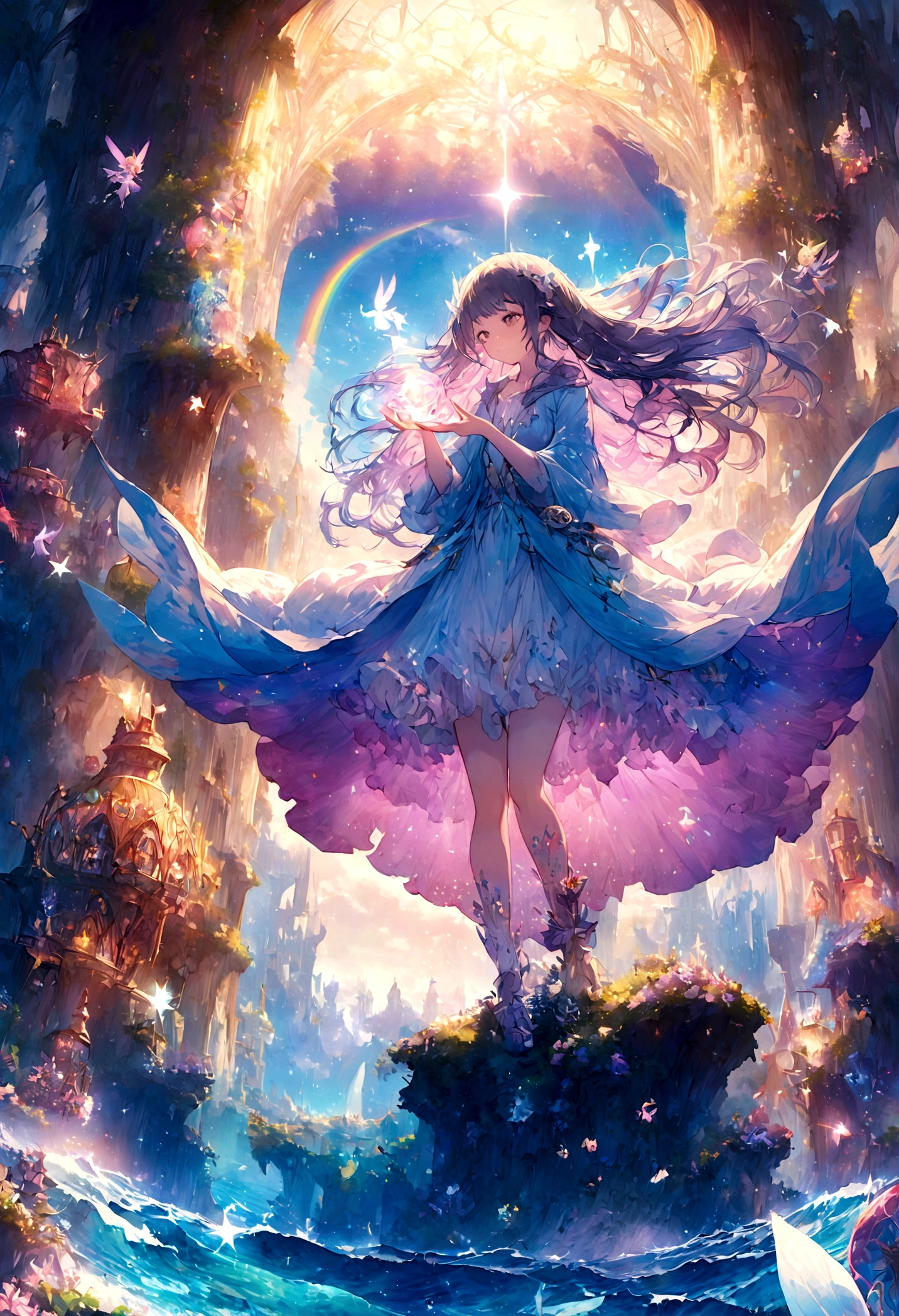Mysterious glowing spell casting girl, ((Fantasy Rainbow Ocean)), Vibrant colors, Fantastic Light, Detailed speech bubbles, Magical atmosphere, Nice views, Dreamy atmosphere, Sparkling, Loose-fitting robes, The magic touch, Mysterious creatures, ((Sparkling waves)), Mystical symbols, Surreal beauty, haze, There&#39;Magic in the air, A magical moment,Mysterious atmosphere, Whimsical Creatures, Full of charm, Fairy, superpower, Fantasy World