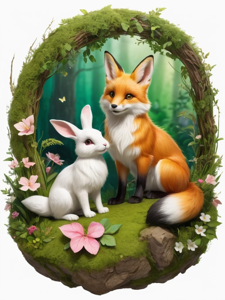 A high-resolution image featuring a realistic of big red (1fox) and cute white (1rabbit) in a cheerful and happy setting. The rabbit, with soft white fur and pink-tinted ears, stands upright, its eyes bright and expressive. The fox, with a lush red coat and a bushy tail, sits nearby, displaying a playful demeanor. The scene is set in a softly lit forest clearing, with golden sunlight filtering through the trees, creating shimmering highlights and emphasizing the animals’ fur. The background is detailed with vibrant green foliage, scattered wildflowers, and additional elements like fallen leaves, soft grass, and small bushes, adding richness and natural beauty. A small wooden bridge or moss-covered rock could be included to enhance the scene’s charm. The overall mood is one of natural joy and tranquility, with butterflies fluttering around and small birds hopping nearby. The design style is reminiscent of a fairytale, with harmonious and beautiful natural elements. The high-detail depiction of the animals’ fur and the sharp, realistic presentation of the grass, leaves, and wildflowers create a vivid and lifelike atmosphere.