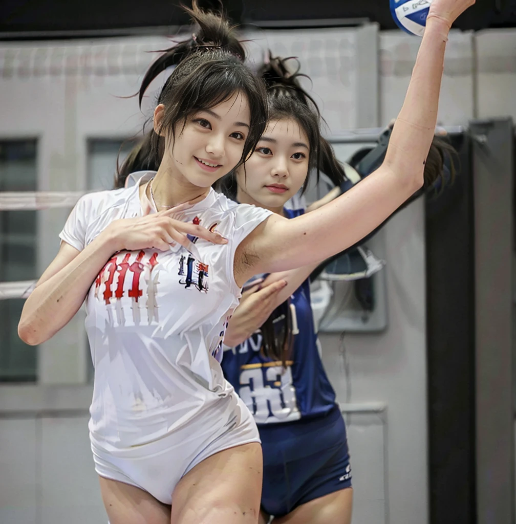 Highest quality,masterpiece,Ultra-high resolution, Very detailed, 8k,Beautiful 25 year old Japanese woman:1.5, blunt bangs, Very short hair、 Small face, Breast Augmentation Surgery、 (very tall volleyball player:1.5), Condescending smile:1.8、 Very detailedな臭い脇の下、 height:186cm