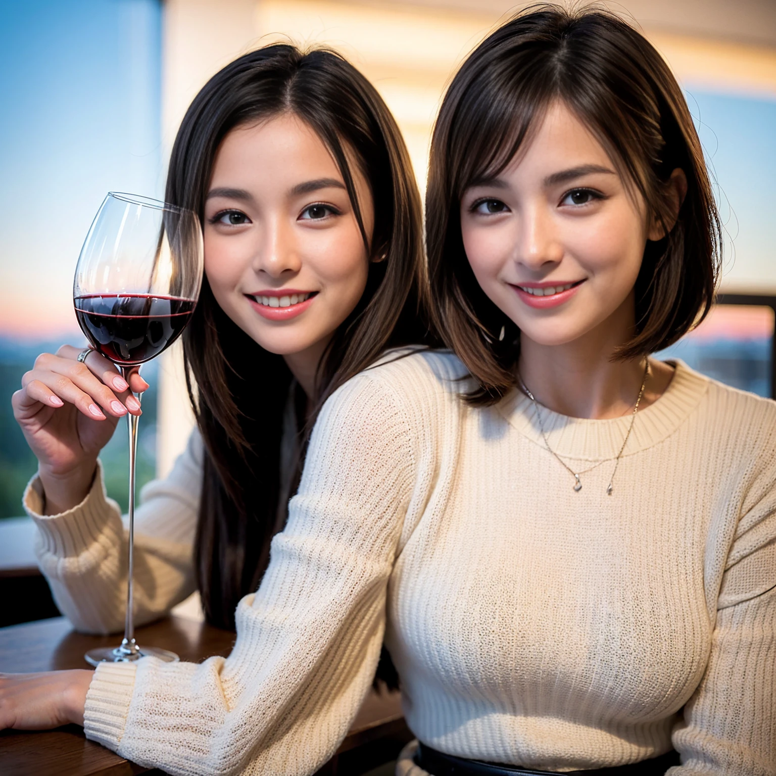 ((Highest quality、8k、masterpiece:1.3))、1 male、1 female、Couple、spouse、Couple、The body is slim、((Bob Hale、Straight hair:1.2)), (Realistic, Intricate details:1.2), テーブルの上のwine glass、Put the light on your face、 Amazing view of the sunset sky and clouds、Amazing mountain views、A bright smile、The wonderfulness of smile、Bright image、The beauty of wine, Beautiful Face, blue eyes, The light shines on your face, Blushing, short hair,Bright Face、 (Age 44), 39 years old, red wine 、Appetizers、Italian food、Wine bottle、Champagne、sparkling wine、Two beauties、Brown Hair、Shortcuts、Long sleeve shirt、dress、Pretty Woman 1, (slimな顔), (The body is slim), (Brown Hair), (Shortcuts), cheeks turn a little red,Attractive beauty、restaurant, In a prominent place (From the waist up) Nova Frog Style, actress, model, Upper Body, White wine, slim, wine glass, 中央に置かれたwine glass, smile, (smile: 1.15), Beautiful fine grain, Depth f/2,saturation, High Contrast, Strong light and shadow,Moist Body:1.5、3D texture、Delicate eyes、Brown Hair、The hair is very shiny、