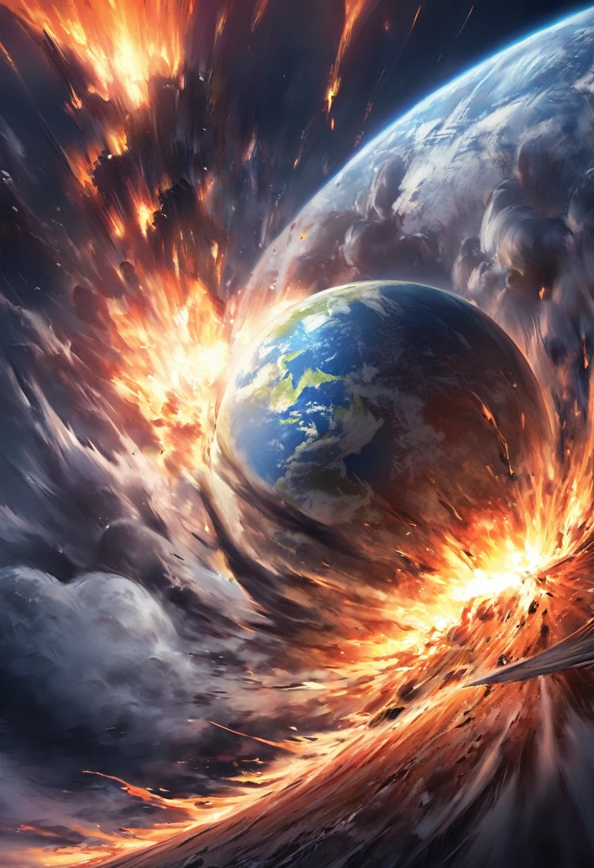 a close up of a planet exploding in the air, a picture by Juan Giménez, reddit, unilalianism, end of world, planet earth exploding, end of the world, destroyed planet, planets crashing, the world is on fire, exploding planet in background, the world on fire, planets colliding, apocalyptic event, world on fire, dark