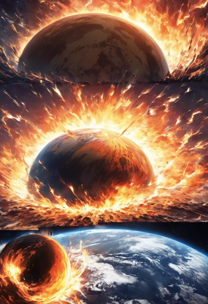 a close up of a planet exploding in the air, a picture by Juan Giménez, reddit, unilalianism, end of world, planet earth exploding, end of the world, destroyed planet, planets crashing, the world is on fire, exploding planet in background, the world on fire, planets colliding, apocalyptic event, world on fire, dark