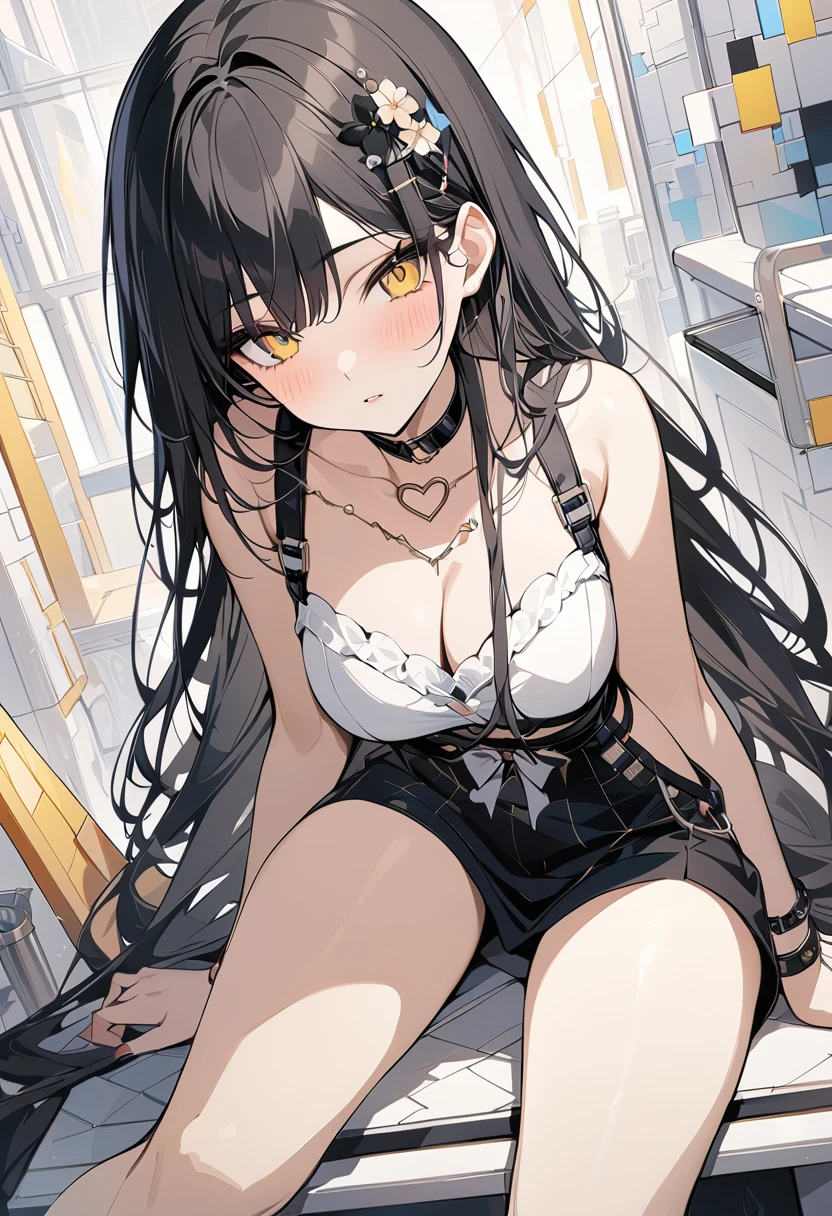,beautiful flower々), heart shaped choker, (masterpiece, highest quality), official art, beautiful and aesthetic: 1.2), (1 girl), very detailed, (geometry art: 1.3), colorful, black hair, yellow eyes.