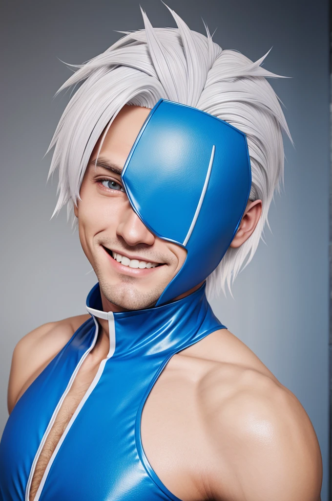 Male anime character with white hair and blue costume smiling in creepy way 3D  closeup shot 