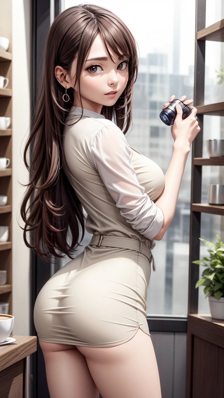 8K quality、High Resolution Male、つま先立ちをするcoffee shopの女店員、Brown and purple long hair、Brown eyes、Ring piercing of the earlobe、Dazzling sunlight、coffee shop、Beige open neck blouse、Deep slit skirt、Beautiful feet、Beautiful thighs、Dignified face、Small 、Seduce、thin、Model Body Type、Ripe body、Neat 30 year old woman、Stretching to reach a bottle on a high shelf、Tight ass vise through the slit、Shoot in the back