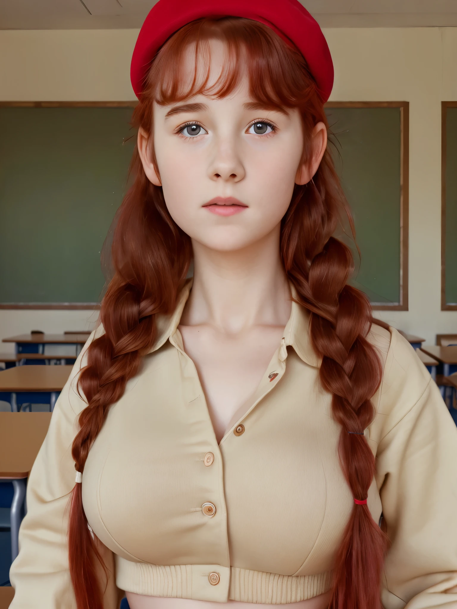 (best quality,4k,8k,highres,masterpiece:1.2),ultra-detailed,(realistic,photorealistic,photo-realistic:1.37), ((classroom, a young school girl, she wears beret, shy, braided red hair, pale skin)), ((slim body, very large bust size for her young age))