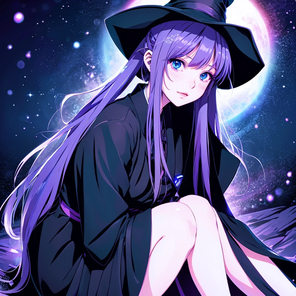 anime girl long purple hair wearing a black Robe. she has pointy ears. Witch Hat. Manga kawaii. iridescent ,An illustration, white background,Sitting position