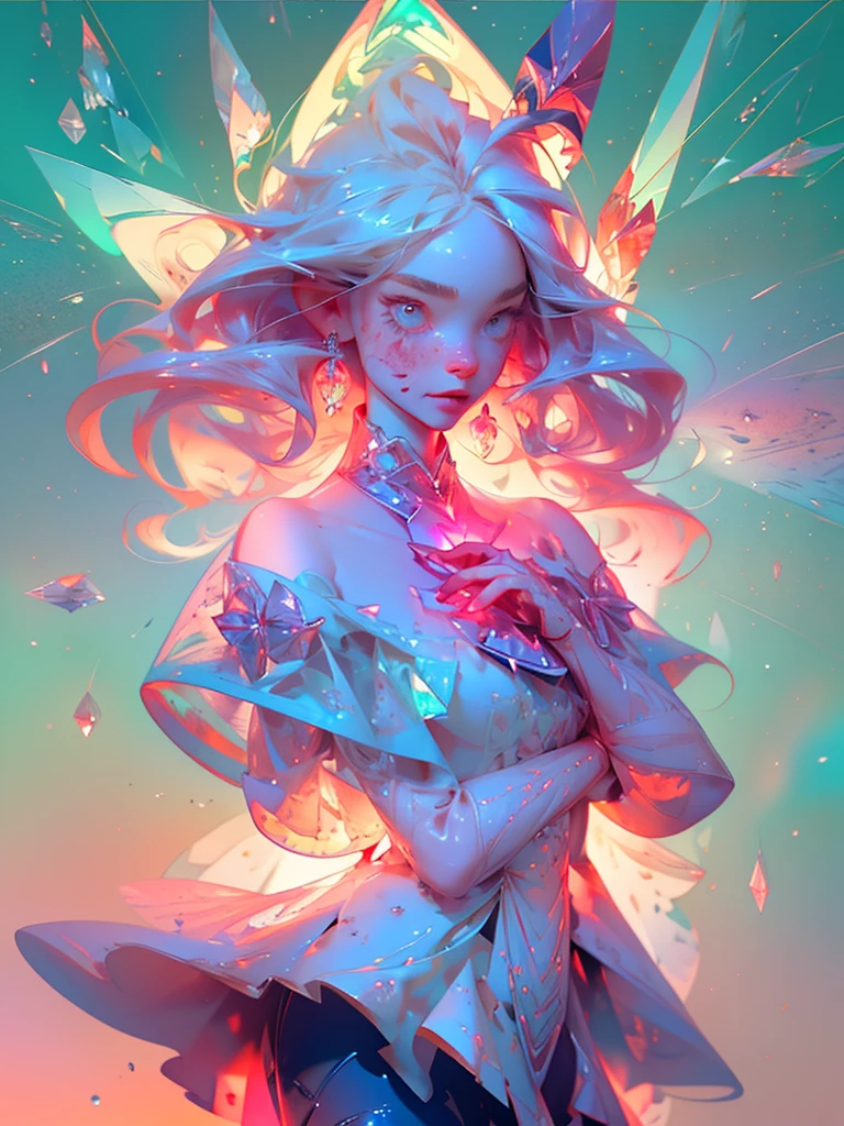 (((crystals texture Hair))), {{{{{Extremely detailed CG}}}}},{{8K_the wallpaper}}, {{{{Crystalline purple gemstone gloves)}}},((Beautiful detailed glass. hair)), ((Glass shaped texture hand)),((crystallize texture body)),gem body,Hands as clear as jewels,crystallization of clothes,((crystals texture skin)), Sparkle, Lens flare, light leaks, Broken glass, {{{{detailed glass shaped clothes}}}}, ((Masterpiece)), (((Best quality))), ((Ultra-detailed)), ((illustration)), ((Disheveled hair)), ((frilld)), (1 girl), (Solo), Dynamic Angle, big top sleeves, Floating, beautiful detailed gemstone sky, gemstone sea, Beautiful detailed eyes, Overexposure, side blunt bangs, hairs between eyes, Ribbons, neck bowtie, macaron, Bare shoulders, (((Small breast))), Pleated skirt, crystals texture flowers, ((detailed crystallized clothing)),(gemstone of body), solofocus, {{{{{{{{Iridescence and rainbow hair:2.5)}}}}}},{{{{{{detailed cute anime face}}}}}}, {{}},{{{{{aquarelle_(mediating)}}}},(((Masterpiece))), (((clock))),(((Red))),(((Blood))),finedetail, Depth of field,Blood drop,Blood fog