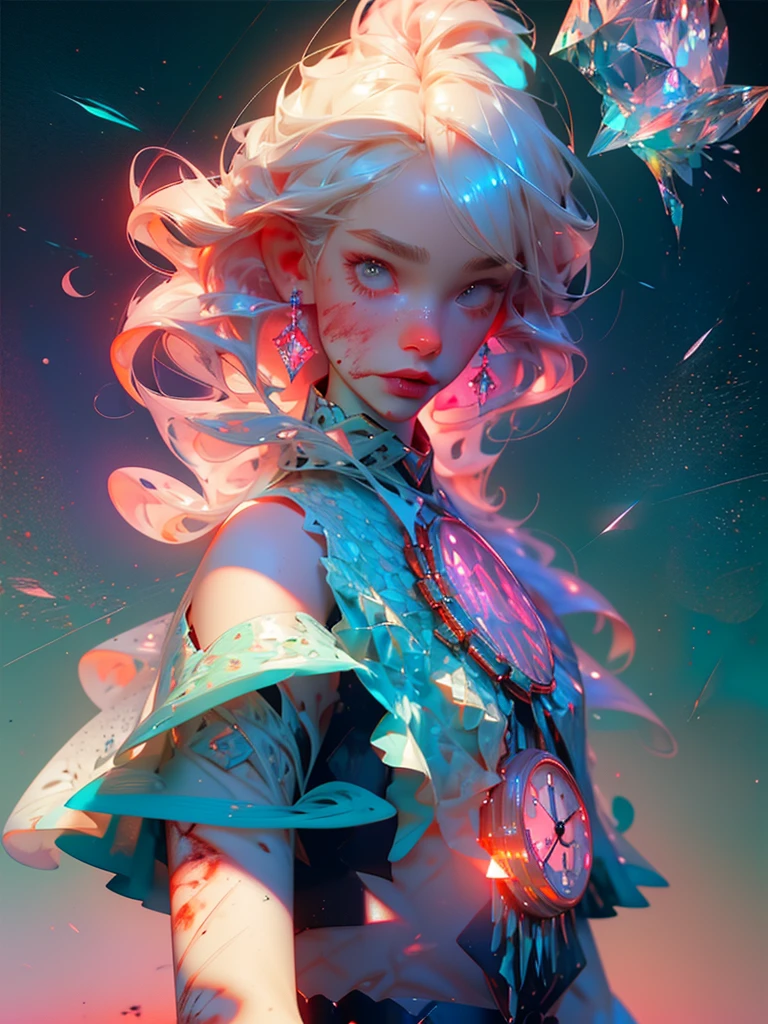 (((crystals texture Hair))), {{{{{Extremely detailed CG}}}}},{{8K_the wallpaper}}, {{{{Crystalline purple gemstone gloves)}}},((Beautiful detailed glass. hair)), ((Glass shaped texture hand)),((crystallize texture body)),gem body,Hands as clear as jewels,crystallization of clothes,((crystals texture skin)), Sparkle, Lens flare, light leaks, Broken glass, {{{{detailed glass shaped clothes}}}}, ((Masterpiece)), (((Best quality))), ((Ultra-detailed)), ((illustration)), ((Disheveled hair)), ((frilld)), (1 girl), (Solo), Dynamic Angle, big top sleeves, Floating, beautiful detailed gemstone sky, gemstone sea, Beautiful detailed eyes, Overexposure, side blunt bangs, hairs between eyes, Ribbons, neck bowtie, macaron, Bare shoulders, (((Small breast))), Pleated skirt, crystals texture flowers, ((detailed crystallized clothing)),(gemstone of body), solofocus, {{{{{{{{Iridescence and rainbow hair:2.5)}}}}}},{{{{{{detailed cute anime face}}}}}}, {{Loli}},{{{{{aquarelle_(mediating)}}}},(((Masterpiece))), (((clock))),(((Red))),(((Blood))),finedetail, Depth of field,Blood drop,Blood fog