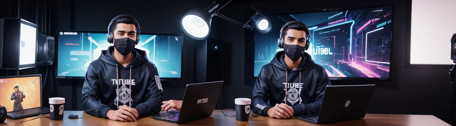 cartoon of a man in a realsitic awesome hoodie sitting at a desk with a microphone on desk, blue yeti microphone, discord profile picture, cyber aesthetic, the encrypted metaverse, art depicting control freak, background artwork, vaporwave cartoon, black hair, talking into microphone, 2d illustration, cyberpunk art, A man with a mask wearing headphones in a home studio, laptop on table, influencer, looking into camera, YouTube studio, background wall with youtube golden play button, best quality, hd, face and body in center facing towards camera