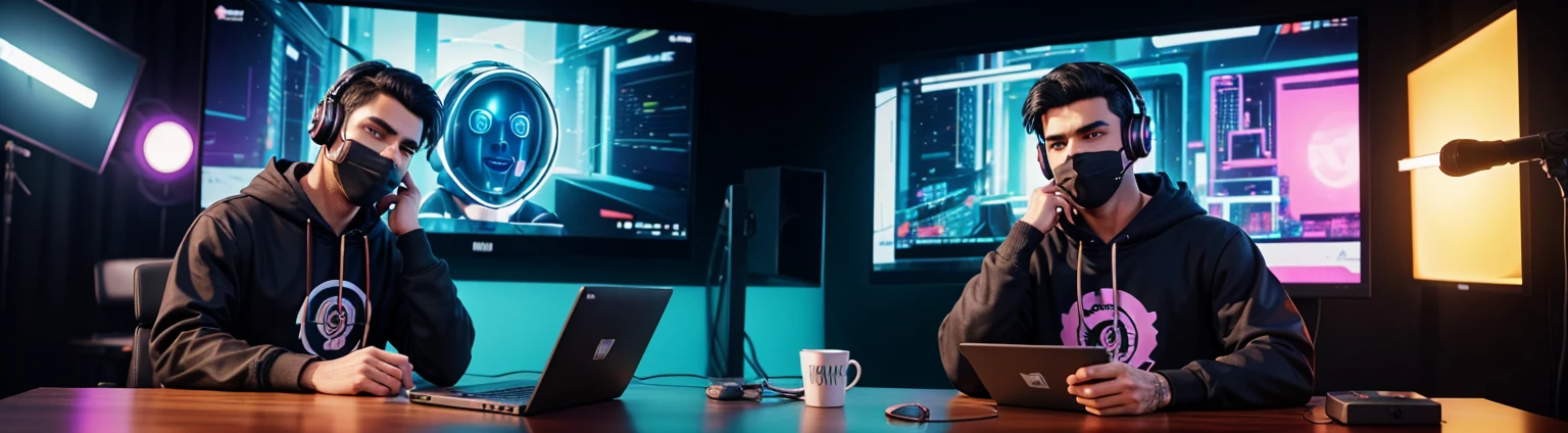 cartoon of a man in a realsitic awesome hoodie sitting at a desk with a microphone on desk, blue yeti microphone, discord profile picture, cyber aesthetic, the encrypted metaverse, art depicting control freak, background artwork, vaporwave cartoon, black hair, talking into microphone, 2d illustration, cyberpunk art, A man with a mask wearing headphones in a home studio, laptop on table, influencer, looking into camera, YouTube studio, background wall with youtube golden play button, best quality, hd, face and body in center facing towards camera