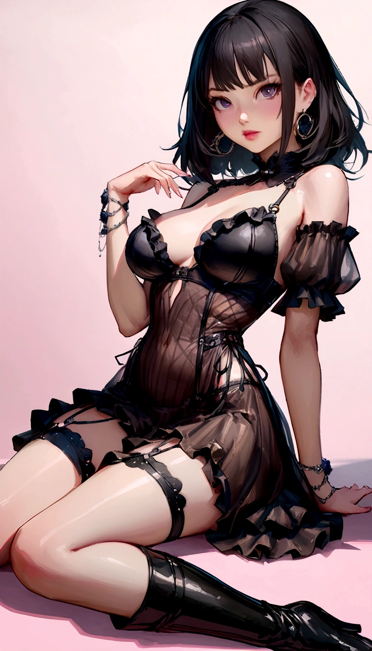 anime: style image of a woman in black lingerie sitting on a pink surface, chica anime seductora, guweiz, hermosa y seductora mujer anime, guweiz en pixiv artstation, tendencia en cgstation, guweiz en artstation pixiv, obra de arte al estilo de guweiz, en vestido