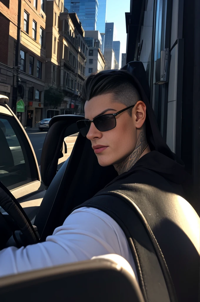 masterpiece, best quality, photo taken from canvas, which depicts 22-year-old Dmitry Romano, gorgeous, attractive, with a neckline, in a black hoodie, (bad guy) (short haircut) (long platinum hair), ((black sunglasses)) driving down the street in a BMW, he is driving and looking straight at his love, who is standing on the sidewalk and looking back at him. The photo was taken from the sidewalk.