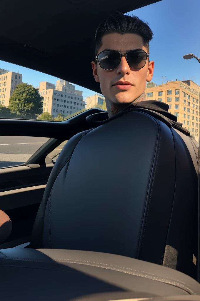 masterpiece, best quality, photo taken from canvas, which depicts 22-year-old Dmitry Romano, gorgeous, attractive, with a neckline, in a black hoodie, (bad guy) (short haircut) (long platinum hair), ((black sunglasses)) driving down the street in a BMW, he is driving and looking straight at his love, who is standing on the sidewalk and looking back at him. The photo was taken from the sidewalk.