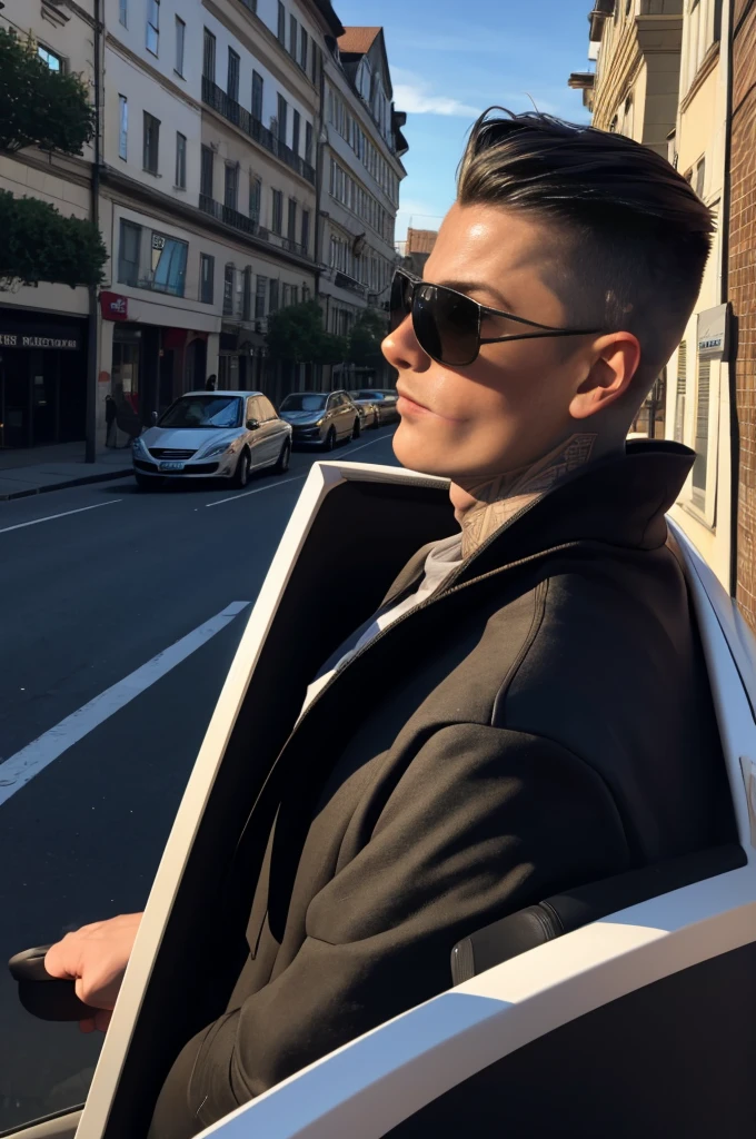 masterpiece, best quality, photo taken from canvas, which depicts 22-year-old Dmitry Romano, gorgeous, attractive, with a neckline, in a black hoodie, (bad guy) (short haircut) (long platinum hair), ((black sunglasses)) driving down the street in a BMW, he is driving and looking straight at his love, who is standing on the sidewalk and looking back at him. The photo was taken from the sidewalk.