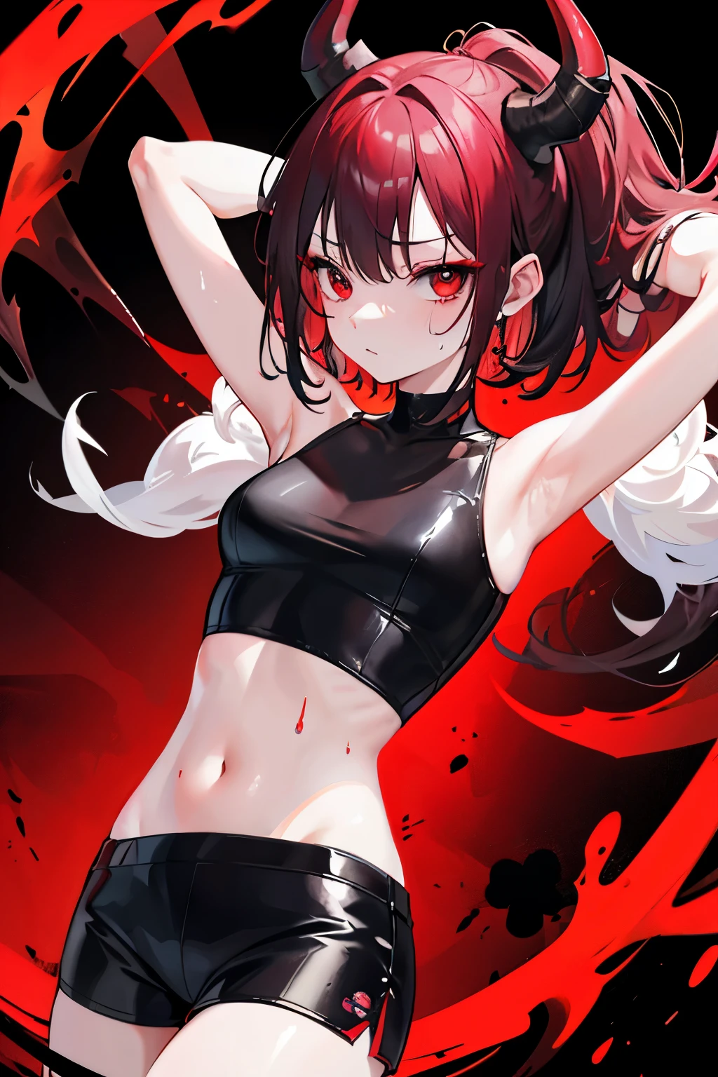 underdressing,indifferent,Red Eyes,Sweat,Soaked,liquid,transparent,Expression of disgust,Back,Cropped tops,Leather Shorts,succubus