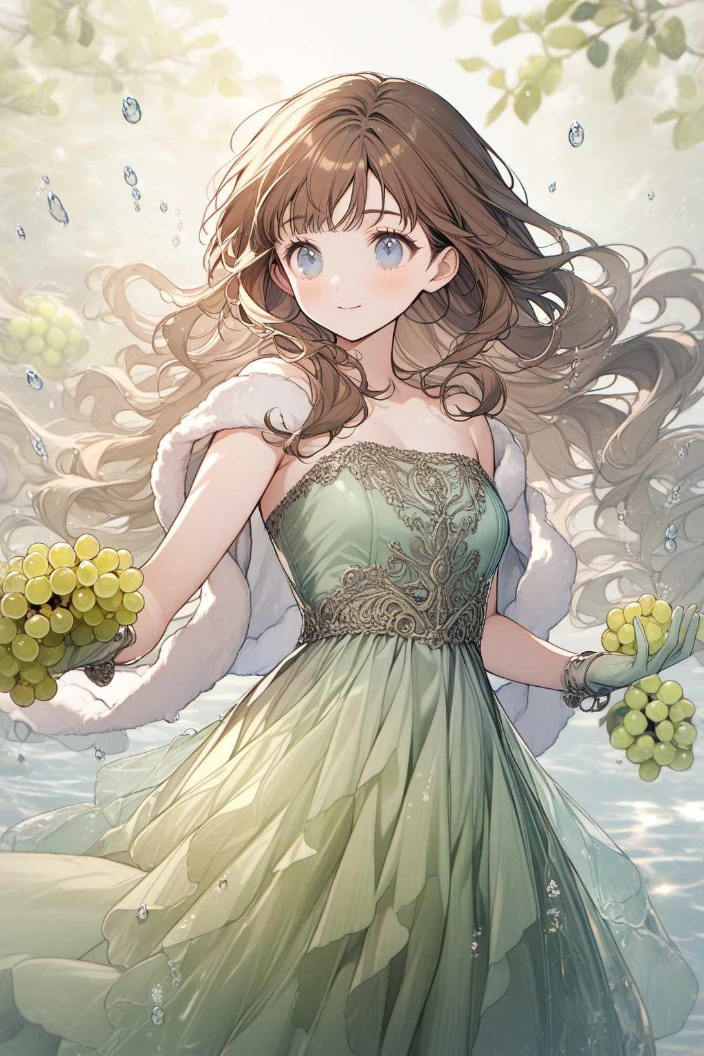 1 girl,  CuteStyle, blue eyes, brown hair, long hair with bangs, flowing hair, upper body, dynamic, dressed in a pale green transparent long dress, strapless dress, sleeveless dress, white shawl with fur trim, shiny dress, water drops, pale green latex gloves, bunches green grapes, detailed, lots of details, beautiful, blush, small smile, delicate tones