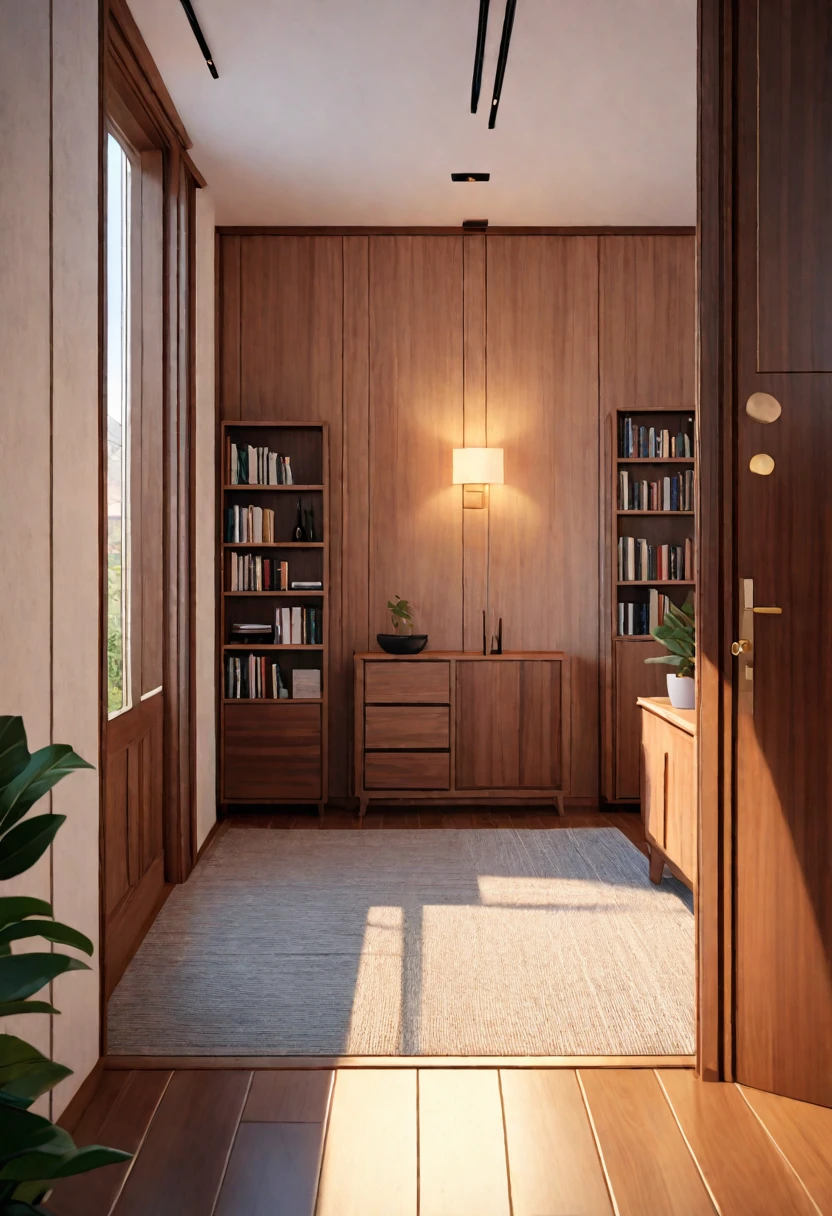 (best quality, 4k, 8K, high resolution, masterpiece: 1.2), Very detailed, (nobody: 1.5), Outside the door,Open door, indoor,cozy indoor, lamp, bookshelf, Potted plants