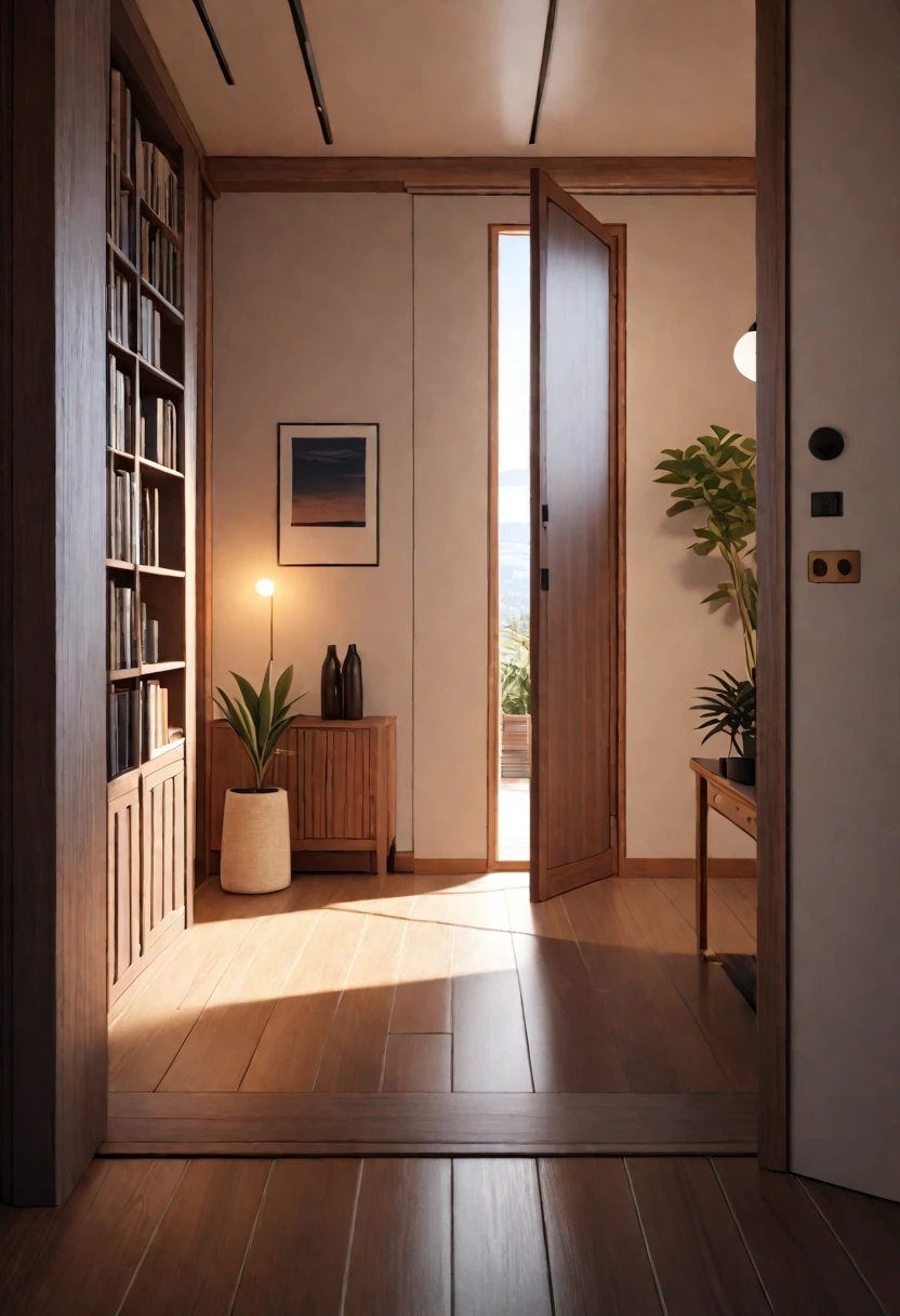 (best quality, 4k, 8K, high resolution, masterpiece: 1.2), Very detailed, (nobody: 1.5), Outside the door，Open door， indoor，cozy indoor, lamp, bookshelf, Potted plants