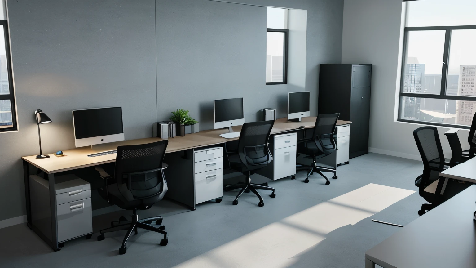 Modern office interior with desks, chairs, and computer monitors, on a bright daylight background. Concept of workspace. 3D Rendering