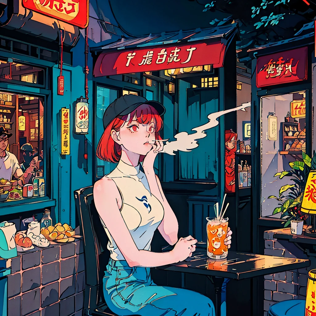 Beautiful redhead Asian girl sitting in a restaurant at night, Visible from the window, Perfect Face, sunglasses, Smoking white Taylormade cigarettes, Neon Black, (Backlight: 1.1), Hard Shadows, masterpiece, Highest quality, Complex, Model shooting style, Vintage, Film Grain, Incomplete details,T-Shirts,Sleeveless,Canned Chuhai,hat