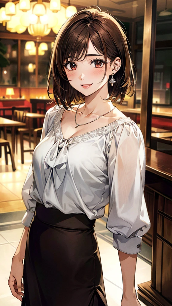 masterpiece, best quality, very aesthetic, absurdres, newest, 1girl, solo, breasts, looking at viewer, blush, skirt, brown hair, shirt, holding, hair between eyes, brown eyes, jewelry, closed mouth, white shirt, short sleeves, sidelocks, pleated skirt, collared shirt, indoors, necklace, hair bun, cup, book, window, single hair bun, bottle, plant, holding cup, alcohol, drinking glass, brown skirt, bookshelf, wine glass, wine, wine bottle