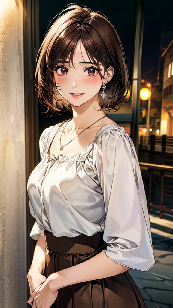 (masterpiece:1.3, Highest quality, Ultra-high resolution, Super detailed), (Realistic, photoRealistic:1.4), Beautiful illustrations, Perfect lighting, colorful, Depth of written boundary,
Beautiful detailed hair, Beautifully detailed face, Beautiful fine details, Beautiful clavicle, Beautiful body, Beautiful breasts, Beautiful thighs, Beautiful feet, Beautiful fingers,
View Viewer, Front view:0.6, 1 girl, Japanese, Female college student, Perfect Face, (Perfect Anatomy, Anatomically correct), Cute and symmetrical face, Baby Face, , Shiny skin,
((blouse:1.4, Long skirt:1.4)),
(Brown Hair, Short Hair:1.4), Brown eyes, (Large Breasts), thin,
necklace, Small earrings,
(Beautiful views), (evening), (Cafe), Are standing,, (smile, Open your mouth),