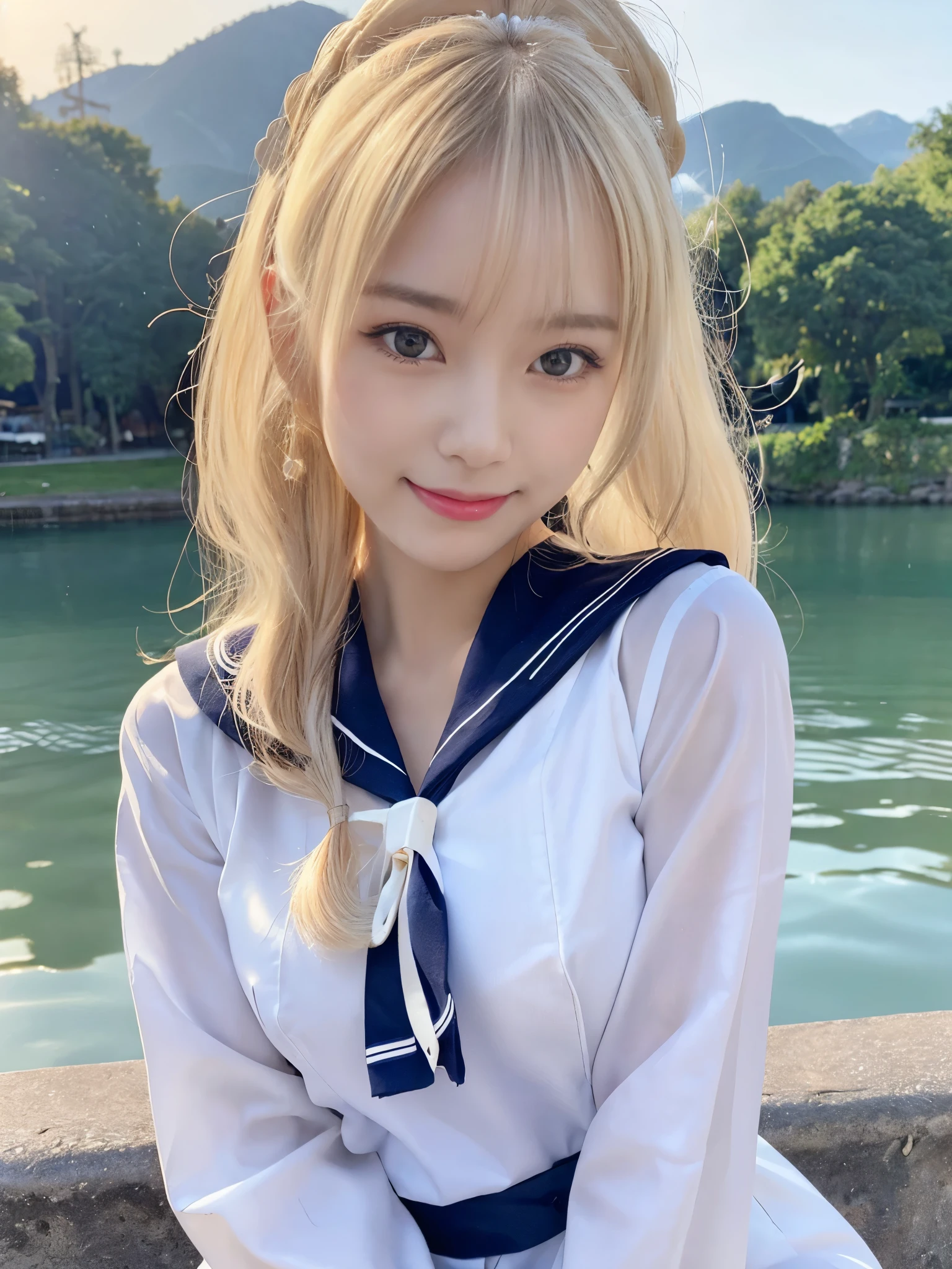 (Cowboy Shot:1.3),( Masterpiece, Highest quality), 98k, ((Perfect Anatomy:1.2)),Beautiful Japanese Women, Succubus,(One person:1.3), 20-year-old, Small face,(Cute face:1.2),Smiling, Larger breasts, ,Beautiful and detailed eyes, Evenly spaced eyes 1.2, long platinum blonde hair,(ponytail:1.2), (Highly detailed face and skin texture), Beautiful face in golden proportions,White skin,(Sailor suit:1.2),Random sexy poses、(Expose the valley:1.3),(Exposing your thighs:1.2),Gal Makeup