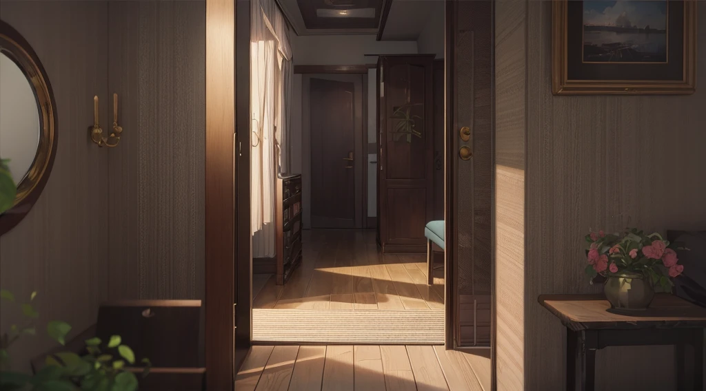 (best quality, 4k, 8K, high resolution, masterpiece: 1.2), Very detailed, (nobody: 1.5), Outside the door,Open door, indoor,cozy indoor, lamp, bookshelf, Potted plants