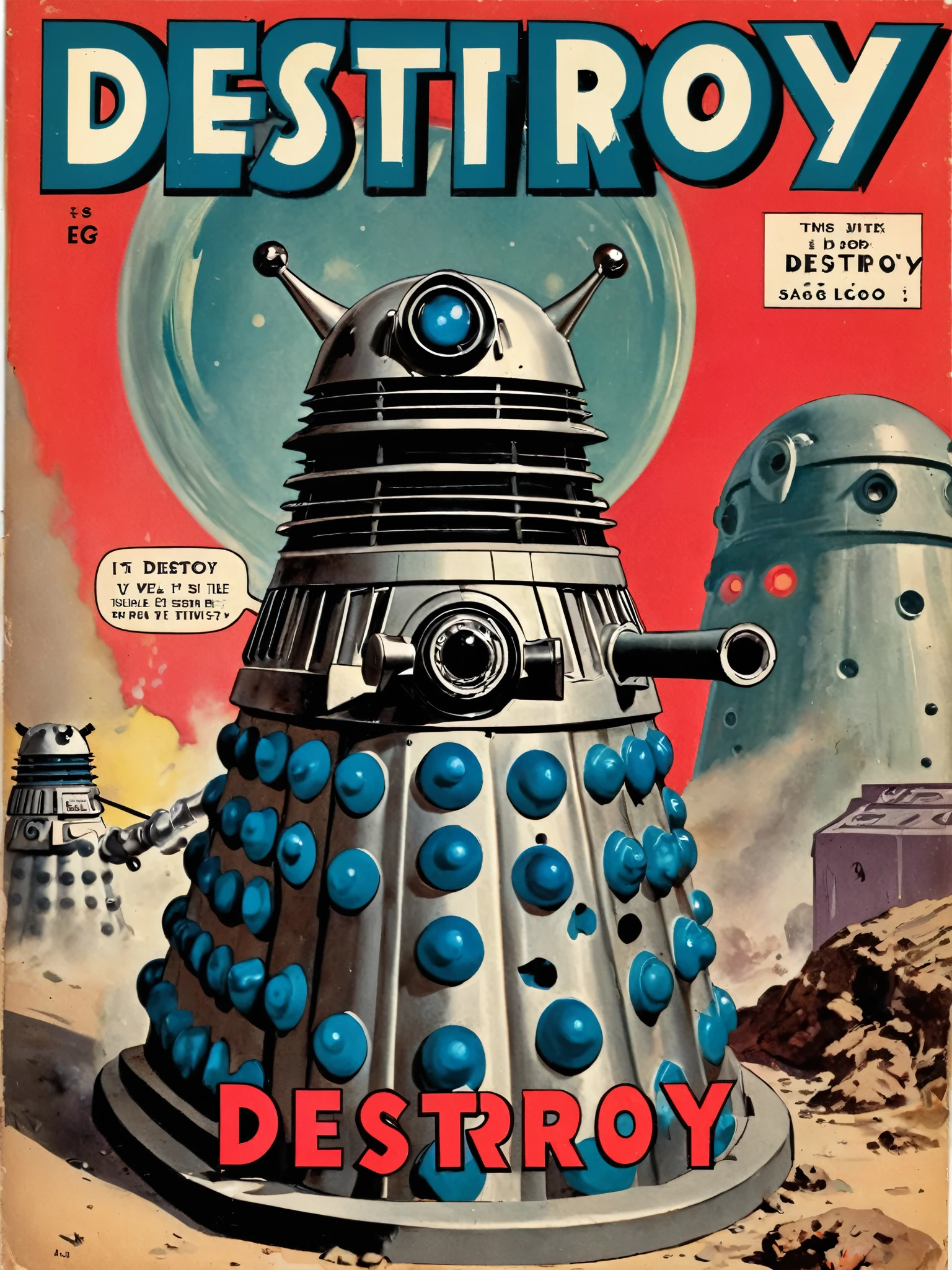 1950s vintage scifi comic book cover of a dalek (title says "DESTROY" text logo:1.5)