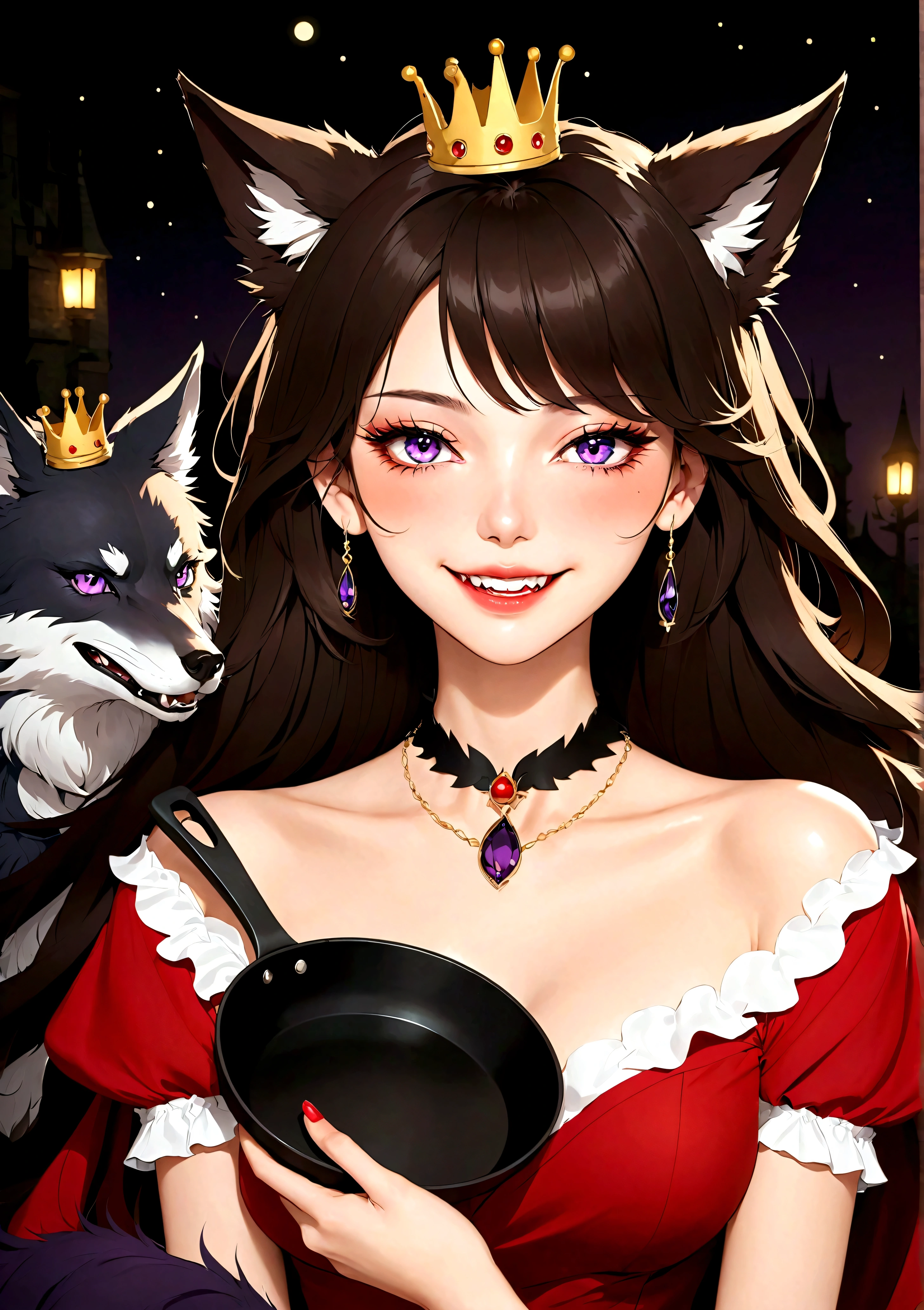 Vector，flat，Simple and smooth lines，A beautiful illustration：Big Bad Wolf:1.37.frying pan:1.37 Beautiful girl sitting elegantly，(((She has a beauty spot:1.37)))，Purple Eyes，Delicate lashes，Smile，Smooth skin，Long black hair，Wolf ears， Small Crown，Gorgeous red dress，温顺的Big Bad Wolf。Correct human anatomy，moonlight，bat