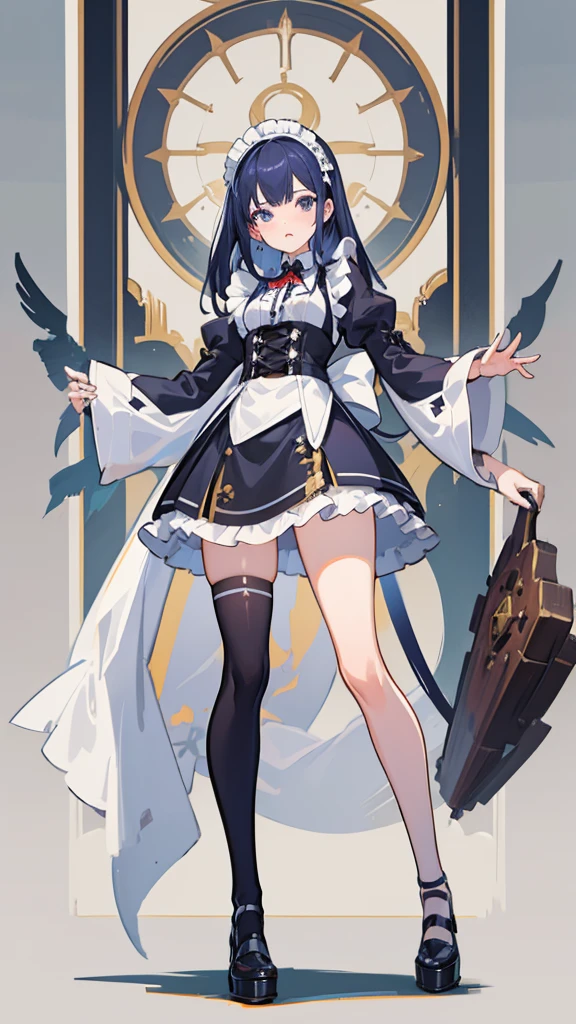 1girl, solo, adult, maid, short skirt, from below, battle maid, stocking, long hair, full body, forshotening