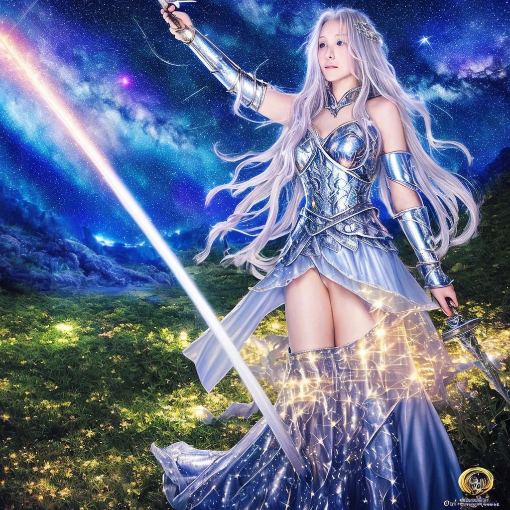 A warrior princess with flowing silver hair, wielding a glowing sword against a backdrop of a starry night sky. Yoshitaka Amano style, ethereal, otherworldly, dynamic, fantasy.