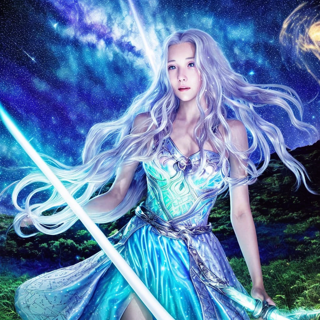 A warrior princess with flowing silver hair, wielding a glowing sword against a backdrop of a starry night sky. Yoshitaka Amano style, ethereal, otherworldly, dynamic, fantasy.