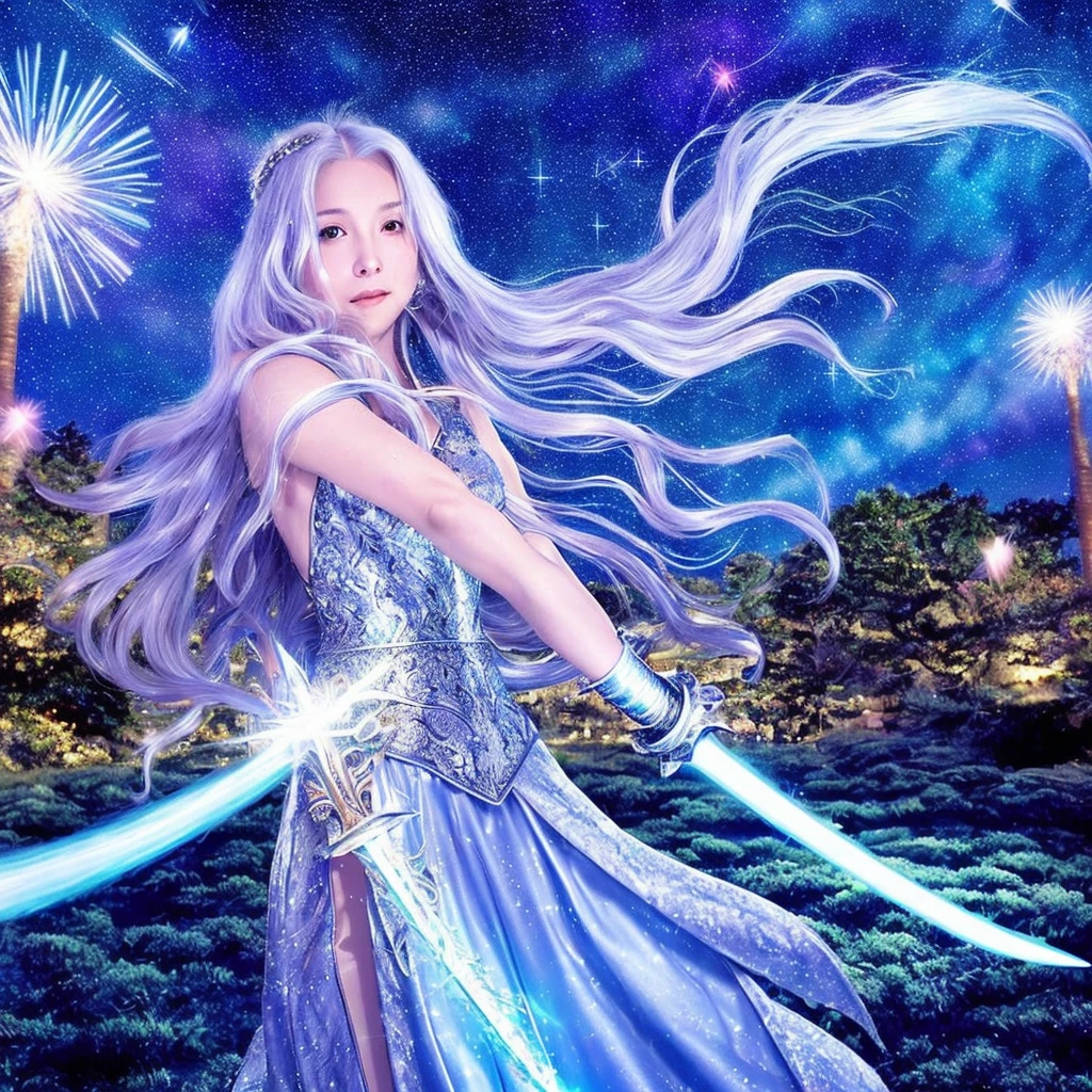 A warrior princess with flowing silver hair, wielding a glowing sword against a backdrop of a starry night sky. Yoshitaka Amano style, ethereal, otherworldly, dynamic, fantasy.