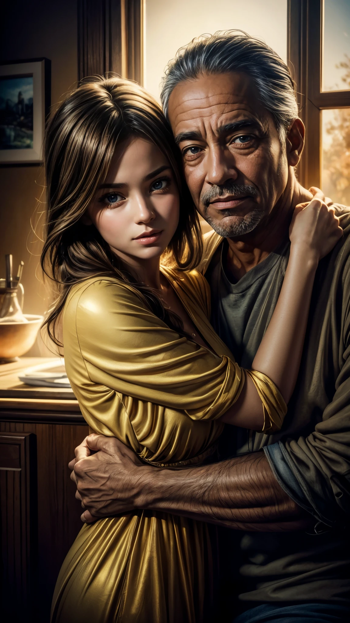 (masterpiece), ((couples shot)), half screen, ((( an old man is seated beside a beautiful 21 years old woman on a leather couch))), (she kisses the old man intensely))),best quality, perfect anatomy, ((she is wearing no clothing)), ((small breasts, slender but supple hips)), (long brown hair), (detailed brown eyes are open) , slender hips perfect body, perfect makeup, intense detail, UHD, very realistic
