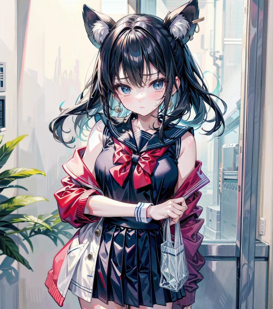 whole body, earring, medium hair, medium tits, tearful mole, school_uniform, sailor uniform, sleeveless,