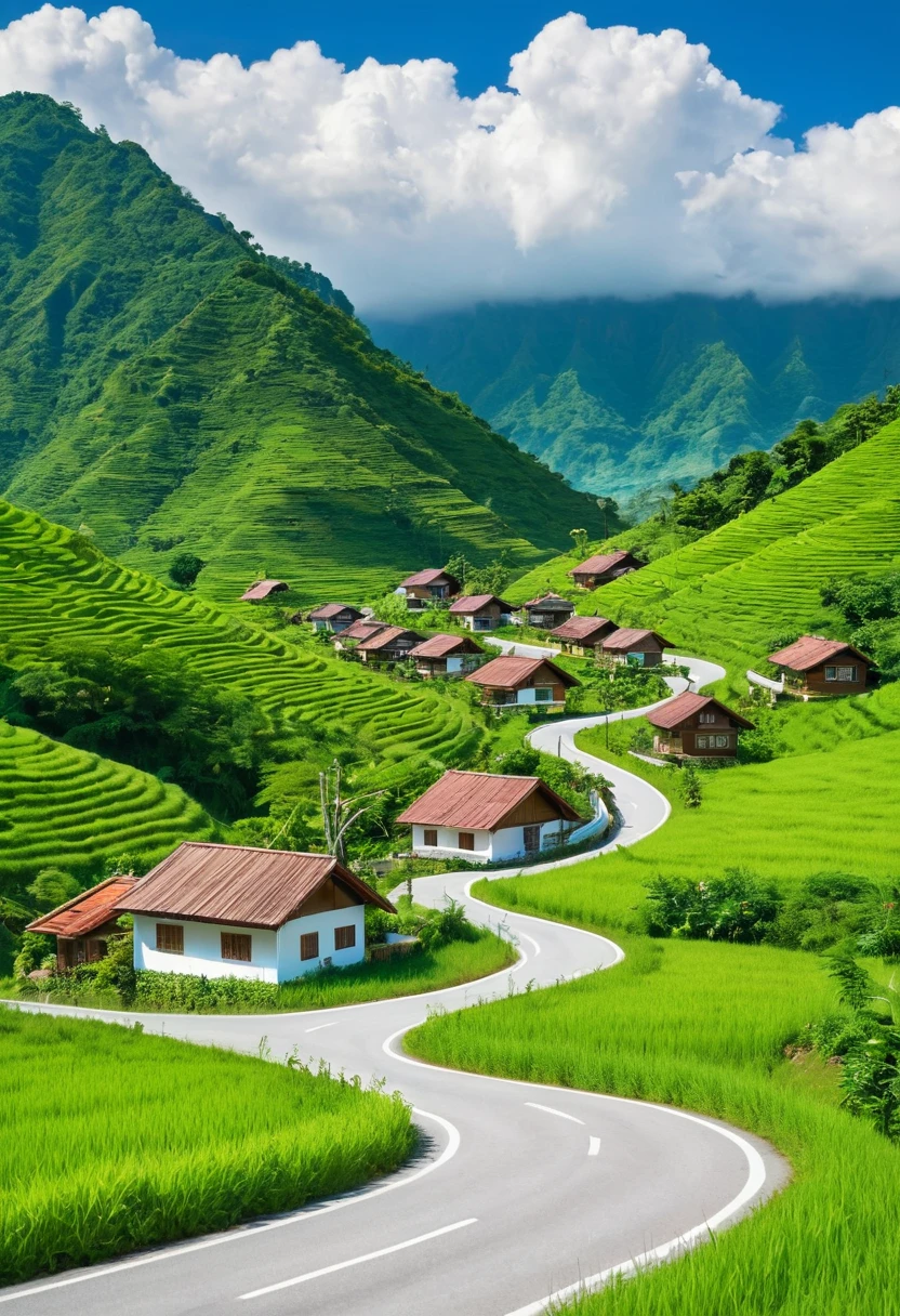 A winding road through a lush green valley. There are several houses on the side of the road. The houses are made of wood and have brown rooftops. The sky is blue with white clouds. The mood is peaceful and serene. 