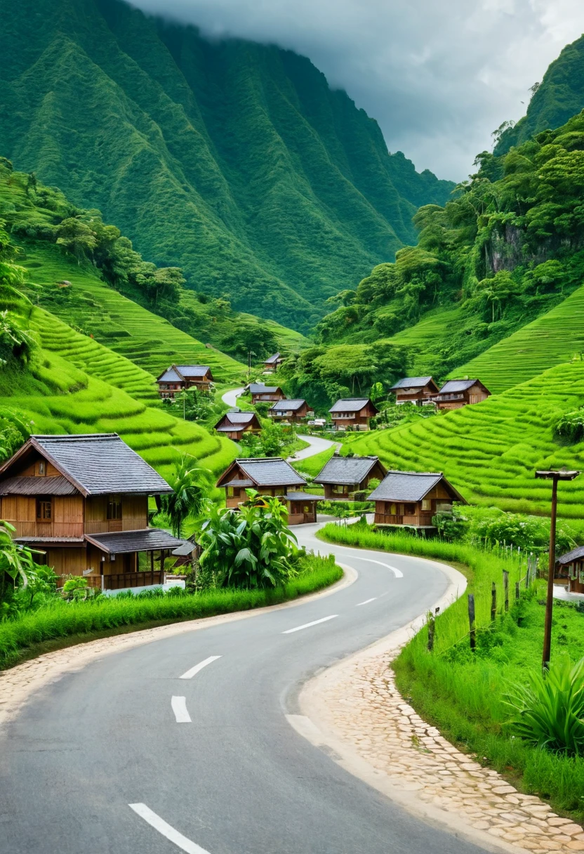 A winding road through a lush green valley. There are several houses on the side of the road. The houses are made of wood and have brown rooftops. The sky is blue with white clouds. The mood is peaceful and serene.