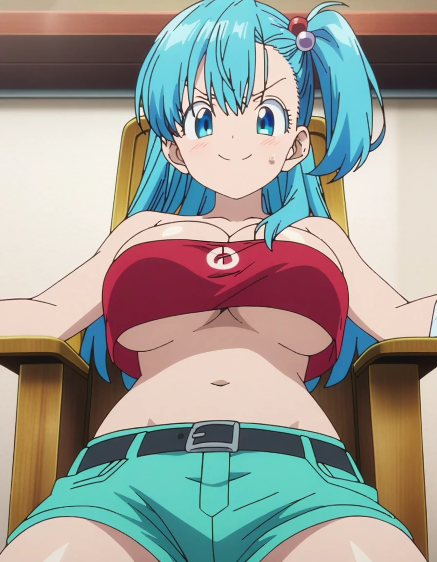 score_9, score_8_up, score_7_up, BREAK ,,,,(girl sit on chair,on your back,),(peace sign),1girl,bulma, blue eyes, blue hair,bare shoulders, belt, cleavage, hair bobbles, hair ornament, hair over shoulder,large breast,midriff, navel, one side up, red tube top, shorts, side ponytail, (strapless, tube top,under_boob:1.2),looking at viewer,facial expression,sharp eye,smile,masterpiece, best quality, detailed body, highly detailed, anime coloring.anime,anime_screencap:0.2 , highly detailed,