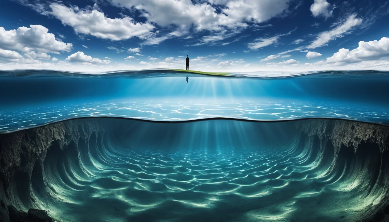 the depths of an inverted reality, where the sky is below and the ground is above.