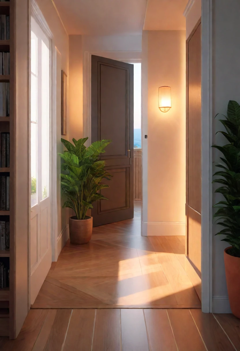 (best quality, 4k, 8K, high resolution, masterpiece: 1.2), Very detailed, (nobody: 1.5), Outside the door, indoor,cozy indoor, lamp, bookshelf, Potted plants