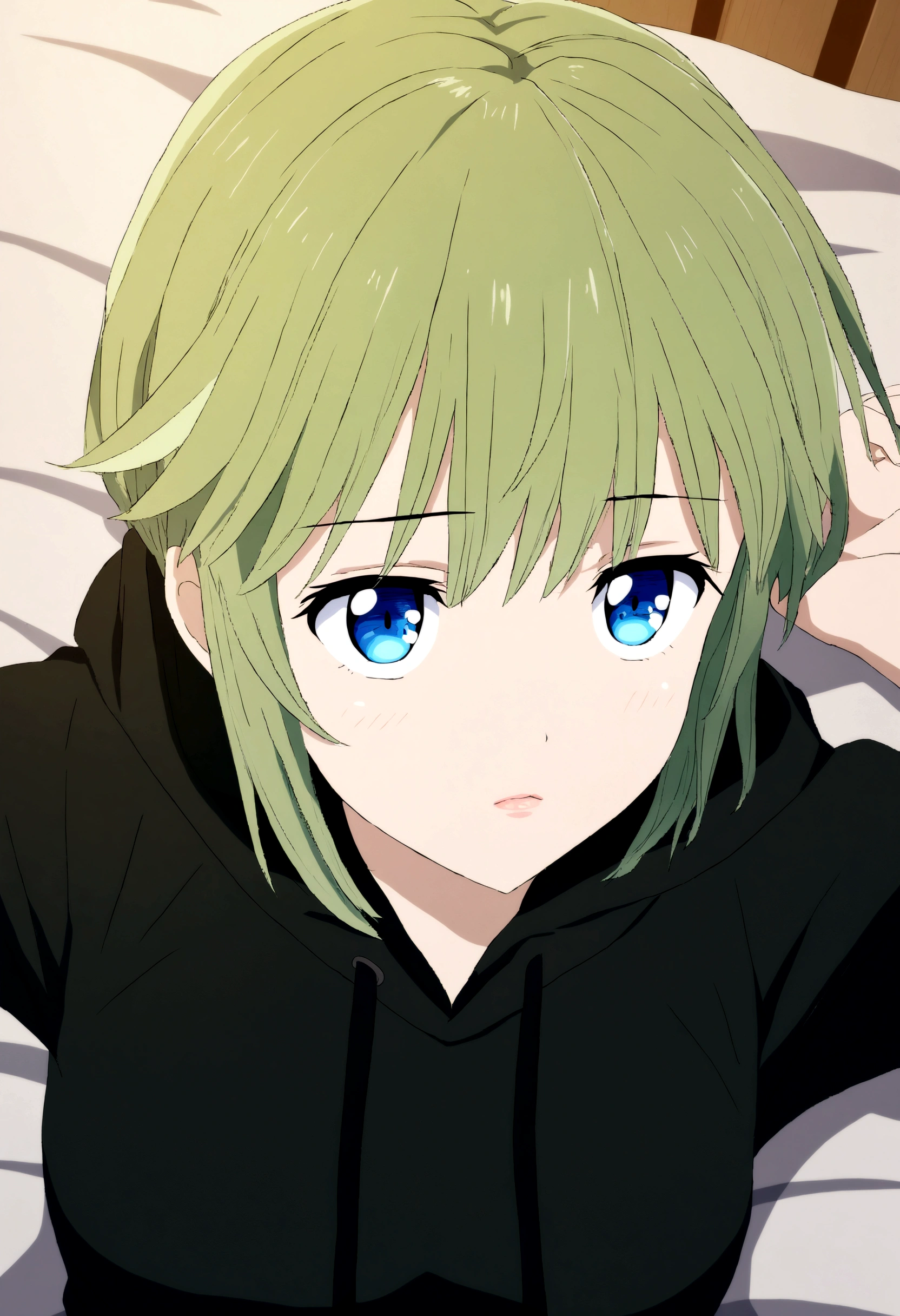 1 girl, light green hair, beautiful detailed blue eyes, beautiful detailed lips, wearing a dark green hoodie, lying on a bed, anime style, 2D,