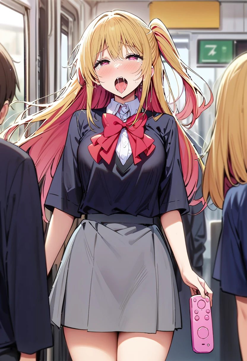 (throw_hand, pink vibrator remote switch in throw_hand, throw:1.2), Highest quality, Super detailed, masterpiece, Ultra-high resolution, 8k, Ridiculous, Cowboy Shooting, Blurred, One girl, Embarrassing, blush, Lovely, , With tears in her eyes and her mouth open, What saliva leaves behind, Wet skirt hem, Not wearing pants, Bulging of the vibrator cord, Vibrator with Garters, Subway car interior background, In a crowded group of women,Squirting、Ahegao、Ecstasy face,hoshino ruby, blonde hair, long hair, one side up, red eyes, mismatched pupils, star-shaped pupils,
, red bow, grey skirt,