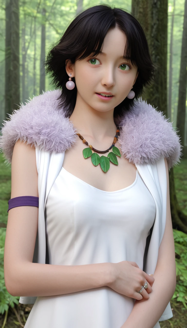 mj3d style,3DMM,3d,(masterpiece, best quality:1.1), Ghibli style, mulberry (Ghost Princess), 1 Girl, armband, Bangs, black hair, black undershirt, breast, cape, ring, earrings, Face painting, Flowing hair, forest, fur cape, Green eyes, Jewelry, Looking at the audience, medium breast, nature, necklace, outdoor, parted Bangs, shirt, short hair, sleeveless, sleeveless shirt, Solitary, tooth necklace, Tree, Upper Body, white shirt