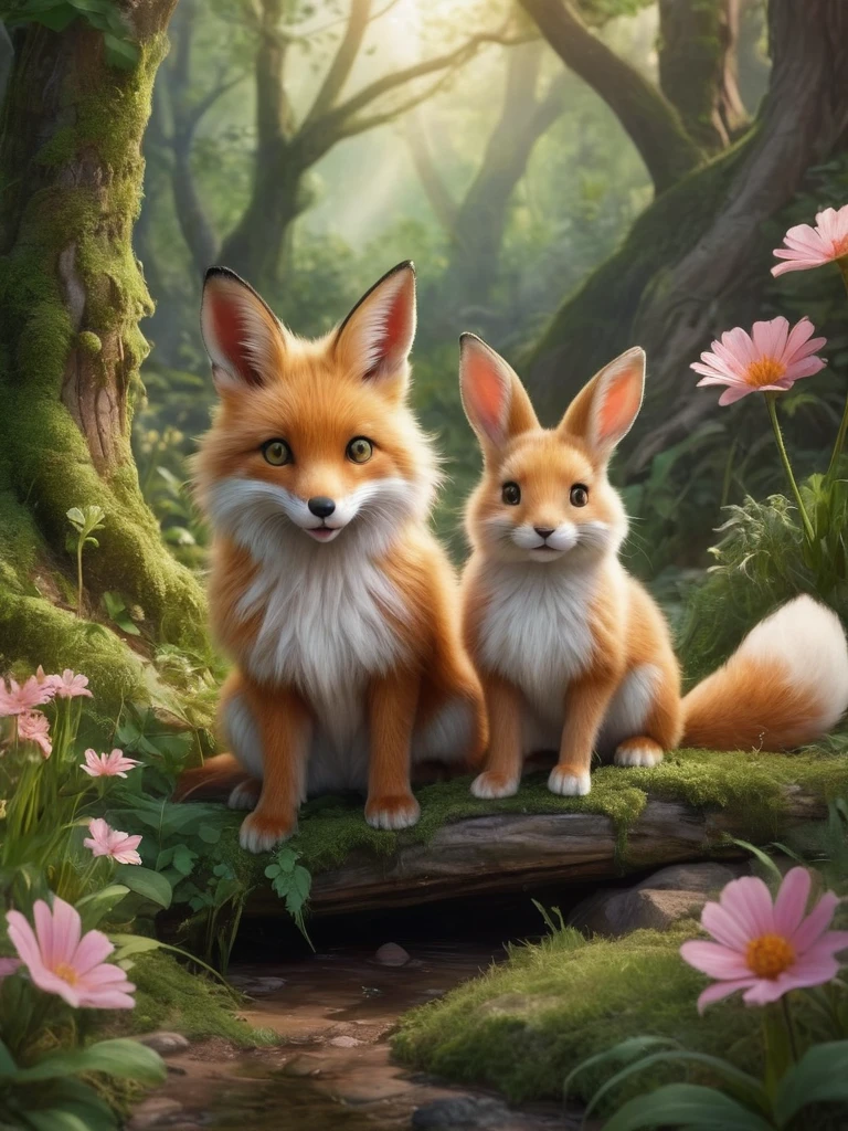 A high-resolution image featuring a realistic of big red (1fox) and little white (1rabbit) in a cheerful and happy setting. The rabbit, with soft white fur and pink-tinted ears, stands upright, its eyes bright and expressive. The fox, with a lush red coat and a bushy tail, sits nearby, displaying a playful demeanor. The scene is set in a softly lit forest clearing, with golden sunlight filtering through the trees, creating shimmering highlights and emphasizing the animals’ fur. The background is detailed with vibrant green foliage, scattered wildflowers, and additional elements like fallen leaves, soft grass, and small bushes, adding richness and natural beauty. A small wooden bridge or moss-covered rock could be included to enhance the scene’s charm. The overall mood is one of natural joy and tranquility, with butterflies fluttering around and small birds hopping nearby. The design style is reminiscent of a fairytale, with harmonious and beautiful natural elements. The high-detail depiction of the animals’ fur and the sharp, realistic presentation of the grass, leaves, and wildflowers create a vivid and lifelike atmosphere.