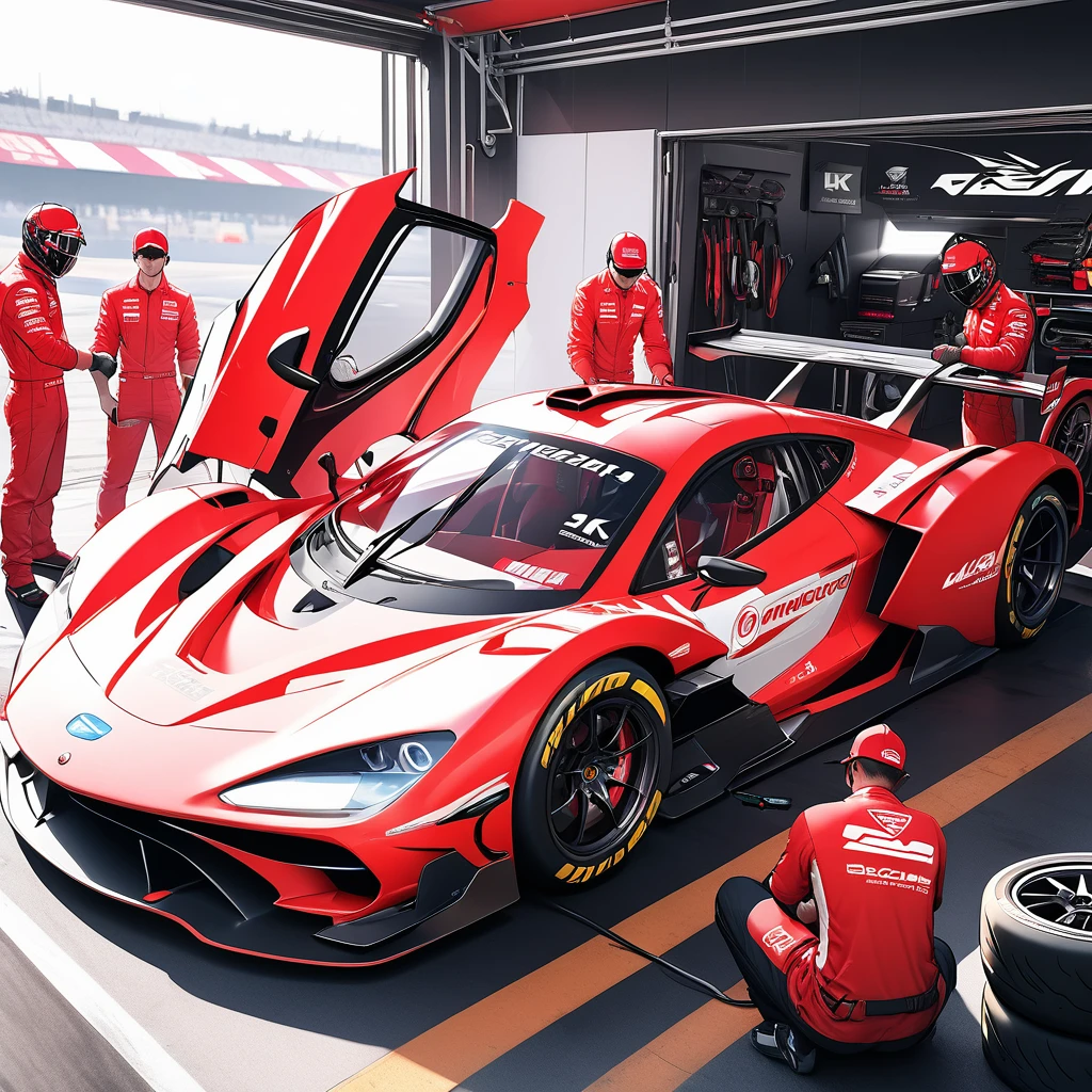 a highly detailed
digital CG concept art of a futuristic racing car, , pit crew 3members, (pit crew changing tires and refuelin1.5), gull wing doors, open the driver's door,two-tonecolor scheme of pink and white, sponsor logos, (best quality,4k,8k,highres,masterpiece:1.2),ultra-detailed,vivid colors,physically-based rendering,extreme detail description,professional