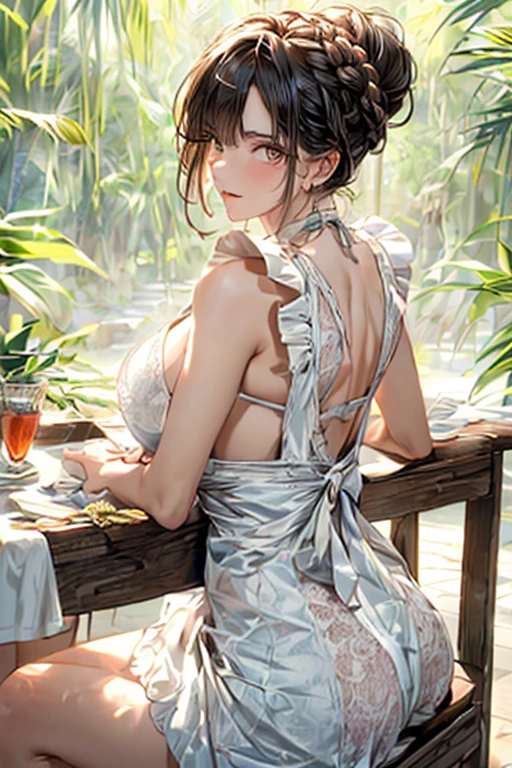 (from below:1.2),(from side:0.9), ((Face)), (Close-Up:0.4), (A masterpiece of image quality in 8K),(Beautiful Allafed Woman),(((emphasizing breasts:1.3))),(Dynamic angles),(Dynamic and sexy bending pose:1.3),(sit a chair:1.3),(Short hair in shiny silver and orange inner colors,large full breasts,Disturbance of clothing due to movement,breast slip,(Ponytail twisted buns adorned with elaborate braids and beads,Braided Setup Fishbone Hair:1.2),(see-through bangs),medium breasts,(((A brown lace apron that shows your bare skin from under your small breasts.......)))、Blush with embarrassment、Enraptured eyes、 open mouth,A smile that beguiles the viewer、(Look back:1.7)、Look into the photographer,skin glistening with sweat,gazing at viewer,,(Professional Lighting),(masutepiece,top-quality,Ultra-high resolution output image,),(Ultra HD with complex detail image modes),depth of fields,Beautiful hands,Beautiful fingers,Detailed finger features,(Detailed hair features:1.7),detailed facial features,detailed clothes features,