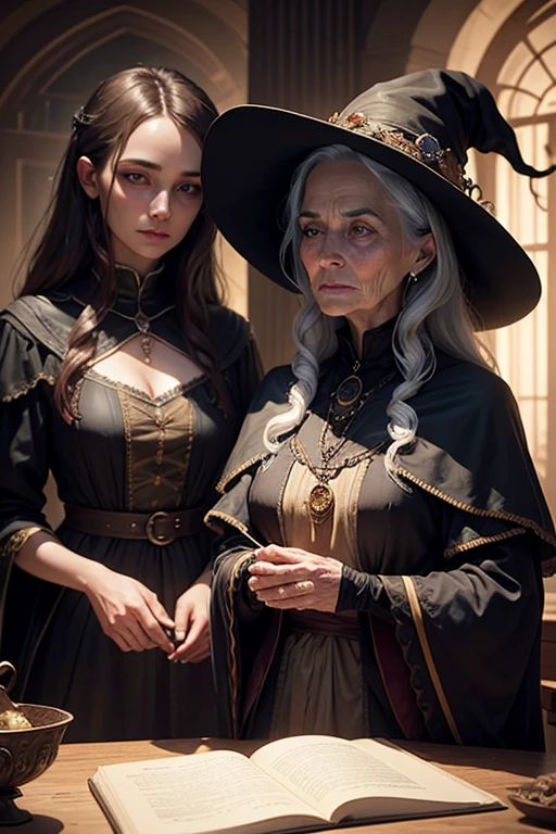Oil painting young woman and old woman, beautiful witch and creepy woman, witches council quietly talking 8k, inspired by Mark Arian, epic exquisite character art, dialog