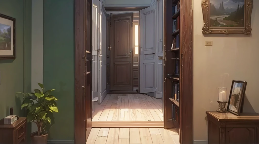 (best quality, 4k, 8K, high resolution, masterpiece: 1.2), Very detailed, (nobody: 1.5), Outside the door, indoor,cozy indoor, lamp, bookshelf, Potted plants